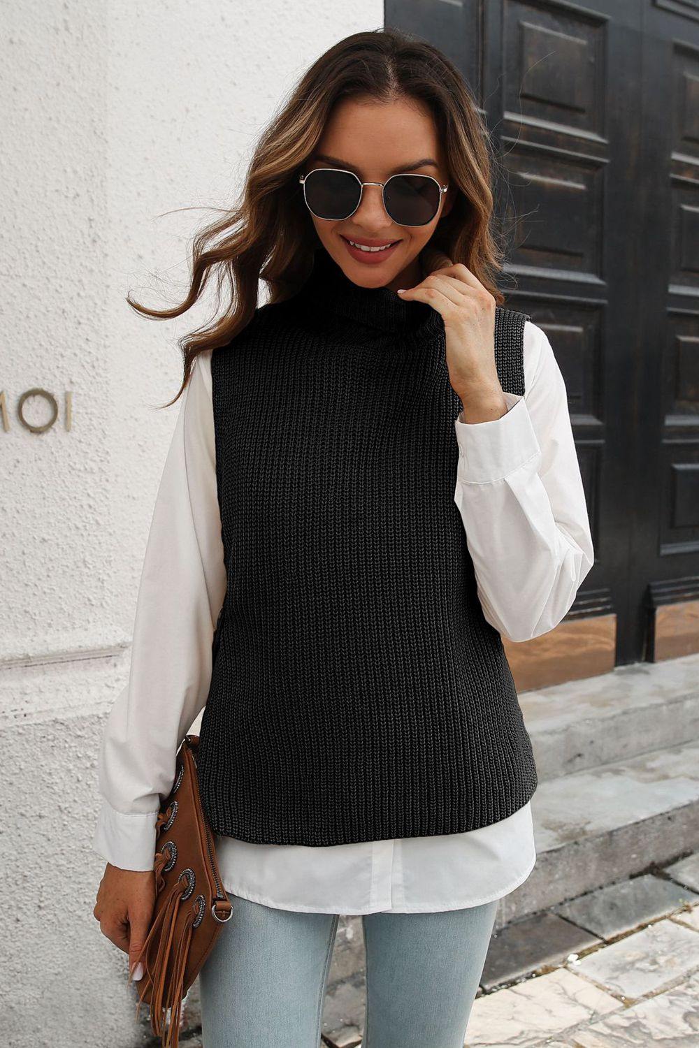 Ribbed Mock Neck Sleeveless Sweater Vest - Trendsi