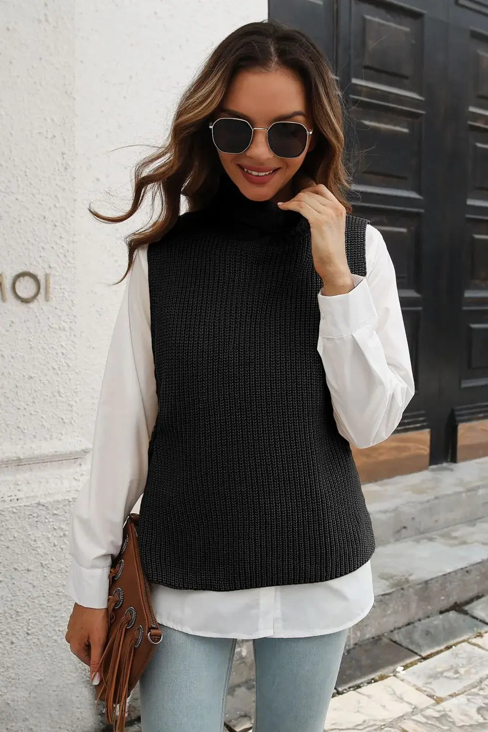 Ribbed Mock Neck Sleeveless Sweater Vest - Trendsi - Flyclothing LLC