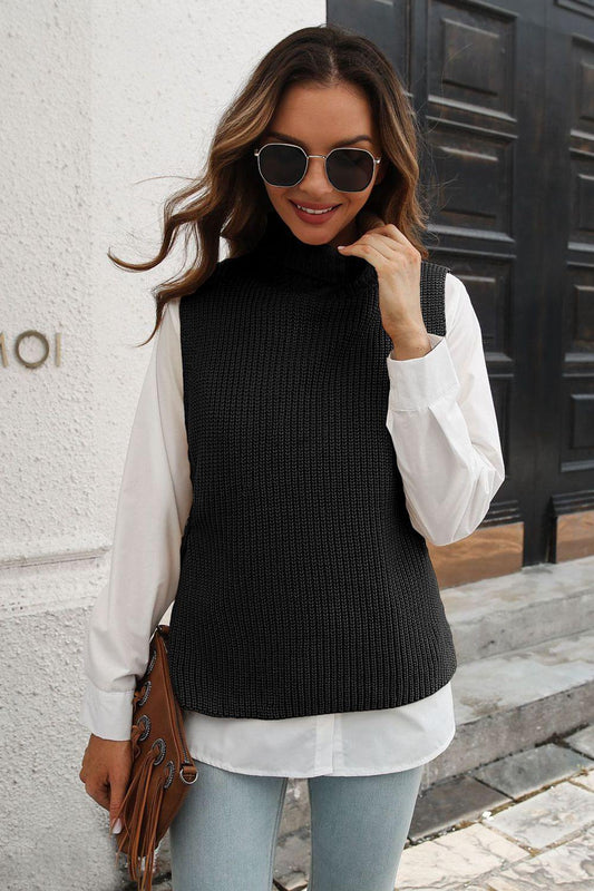 Ribbed Mock Neck Sleeveless Sweater Vest - Trendsi