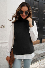 Ribbed Mock Neck Sleeveless Sweater Vest - Trendsi