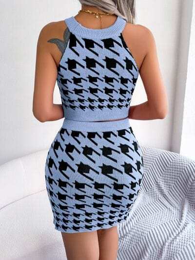 Houndstooth Sleeveless Top and Skirt Sweater Set - Trendsi - Flyclothing LLC