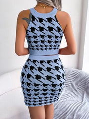 Houndstooth Sleeveless Top and Skirt Sweater Set - Trendsi