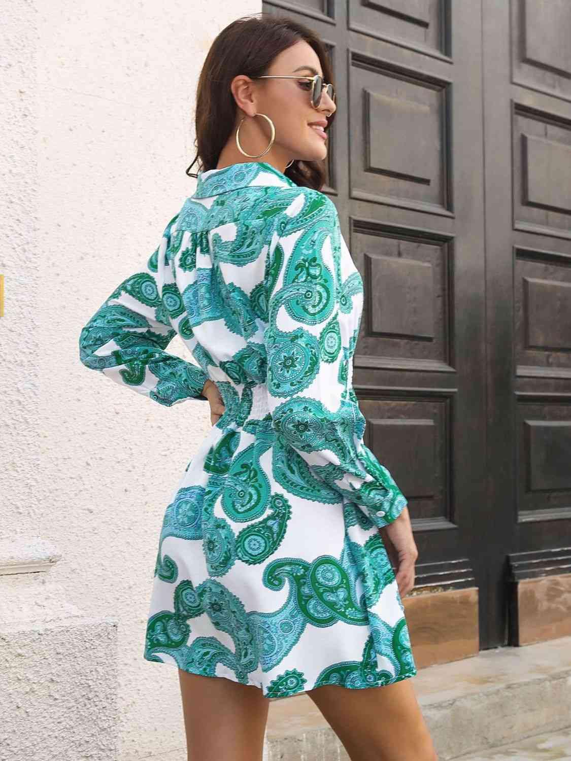Paisley Print Johnny Collar Smocked Dress - Trendsi
