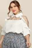 Plus Size Embroidered Ruffle Trim Collared Half Sleeve Blouse - Trendsi - Flyclothing LLC