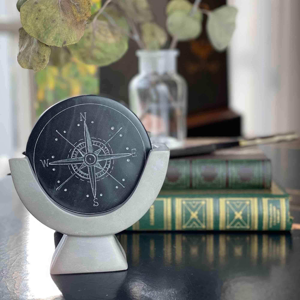 Compass Soapstone Sculpture, Dark Gray Stone - SMOLArt - Flyclothing LLC