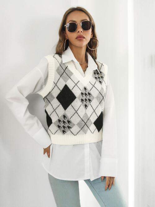 V-Neck Plaid Sweater Vest - Trendsi - Flyclothing LLC