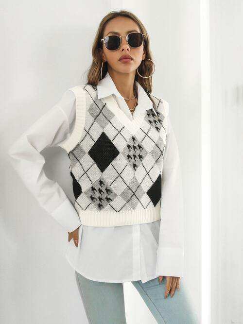 V-Neck Plaid Sweater Vest - Trendsi - Flyclothing LLC