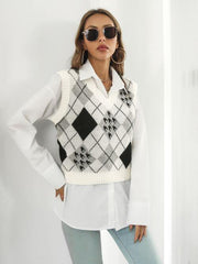 V-Neck Plaid Sweater Vest - Trendsi