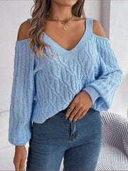 Cable-Knit Cold Shoulder Long Sleeve Sweater - Trendsi