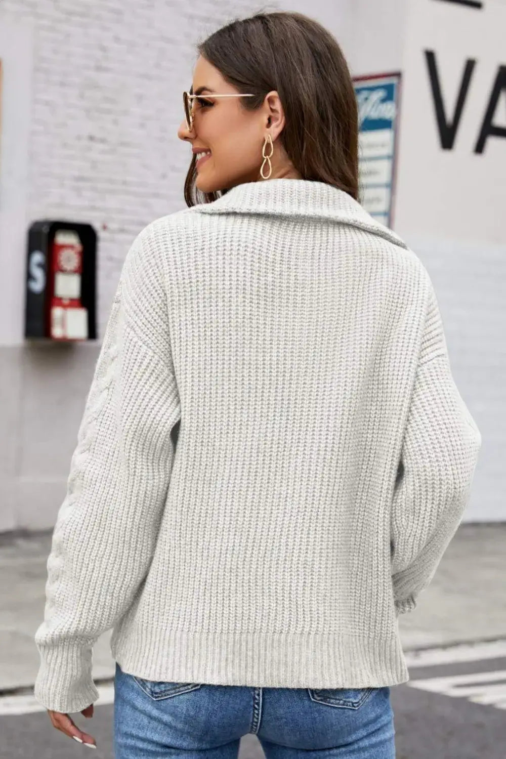 Half Zip Mixed Knit Collared Sweater - Trendsi - Flyclothing LLC