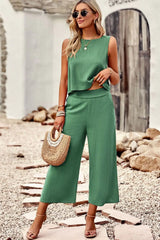 Buttoned Round Neck Tank and Wide Leg Pants Set - Trendsi - Flyclothing LLC