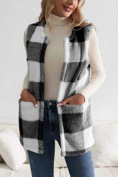 Sherpa Plaid Open Front Vest Coat - Trendsi - Flyclothing LLC