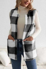 Sherpa Plaid Open Front Vest Coat - Flyclothing LLC