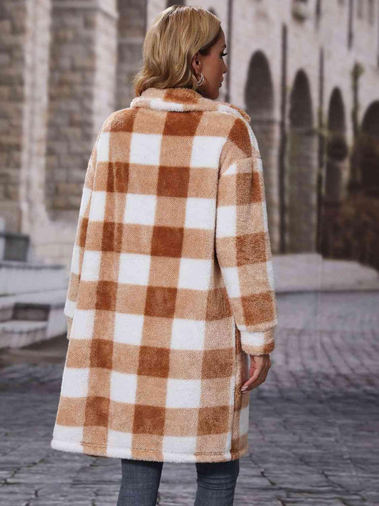 Plaid Collared Neck Button Down Coat - Trendsi