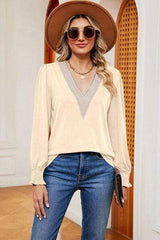 Lace Detail V-Neck Lantern Sleeve T-Shirt - Trendsi - Flyclothing LLC