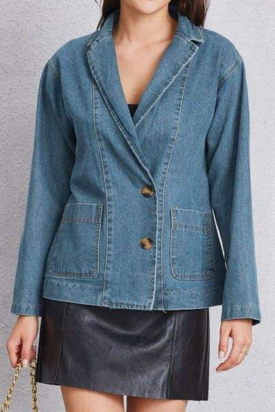 Pocketed Button Up Denim Jacket - Trendsi - Flyclothing LLC