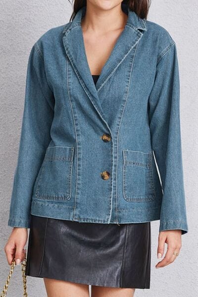 Pocketed Button Up Denim Jacket - Trendsi