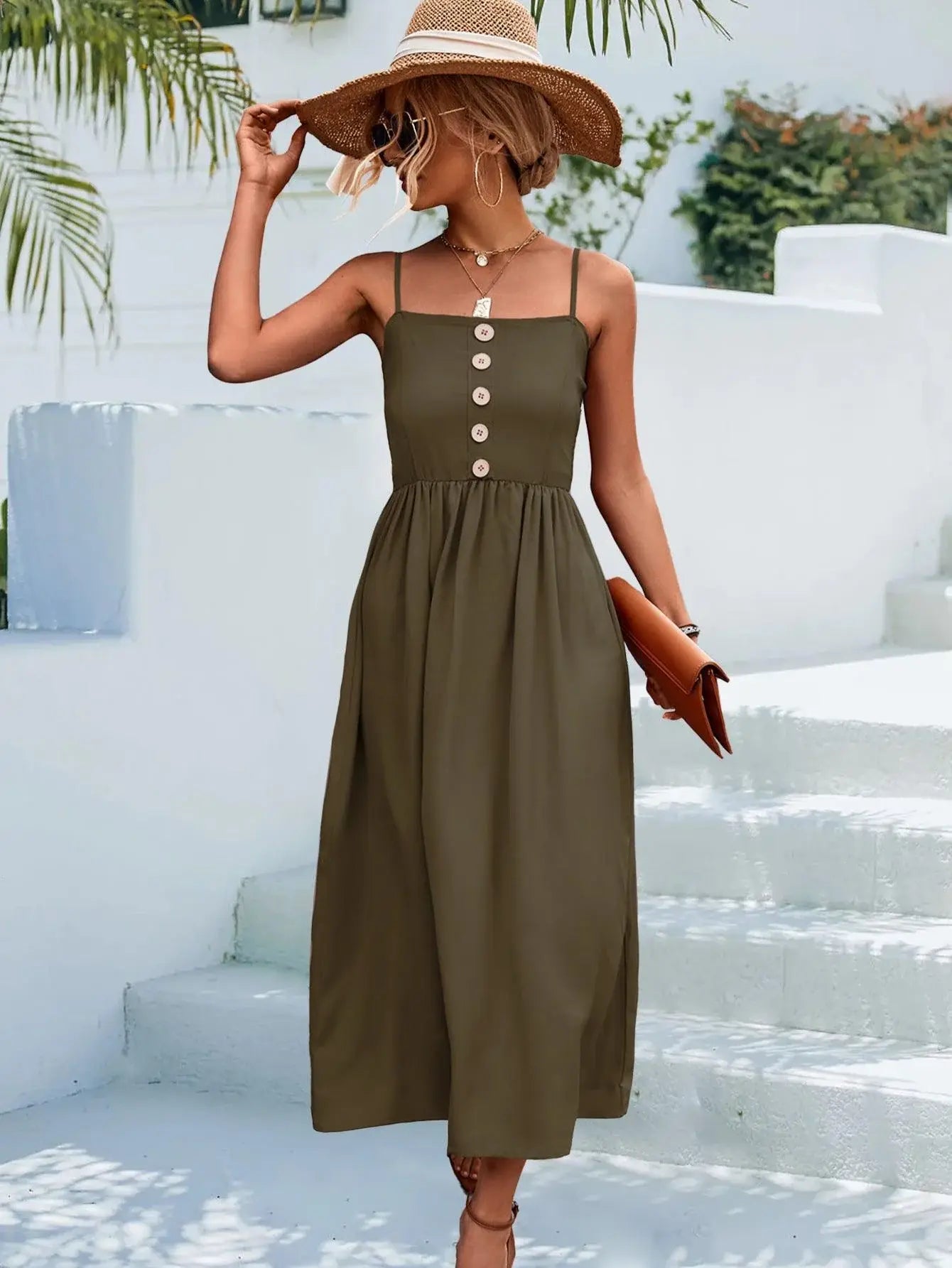 Decorative Button Spaghetti Strap Midi Dress - Trendsi - Flyclothing LLC