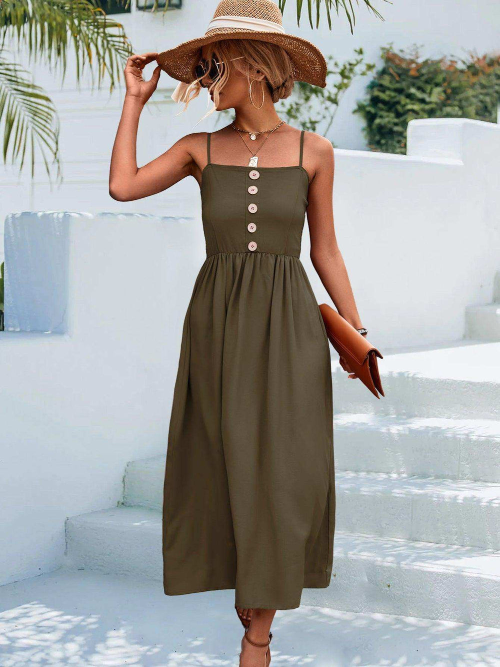 Decorative Button Spaghetti Strap Midi Dress - Trendsi - Flyclothing LLC