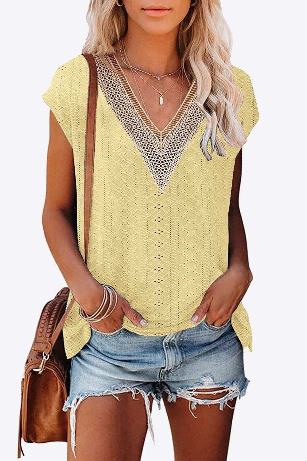 Eyelet Contrast V-Neck Tee - Trendsi - Flyclothing LLC