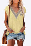 Eyelet Contrast V-Neck Tee - Trendsi - Flyclothing LLC