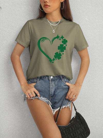Heart Lucky Clover Round Neck Short Sleeve T-Shirt - Trendsi - Flyclothing LLC