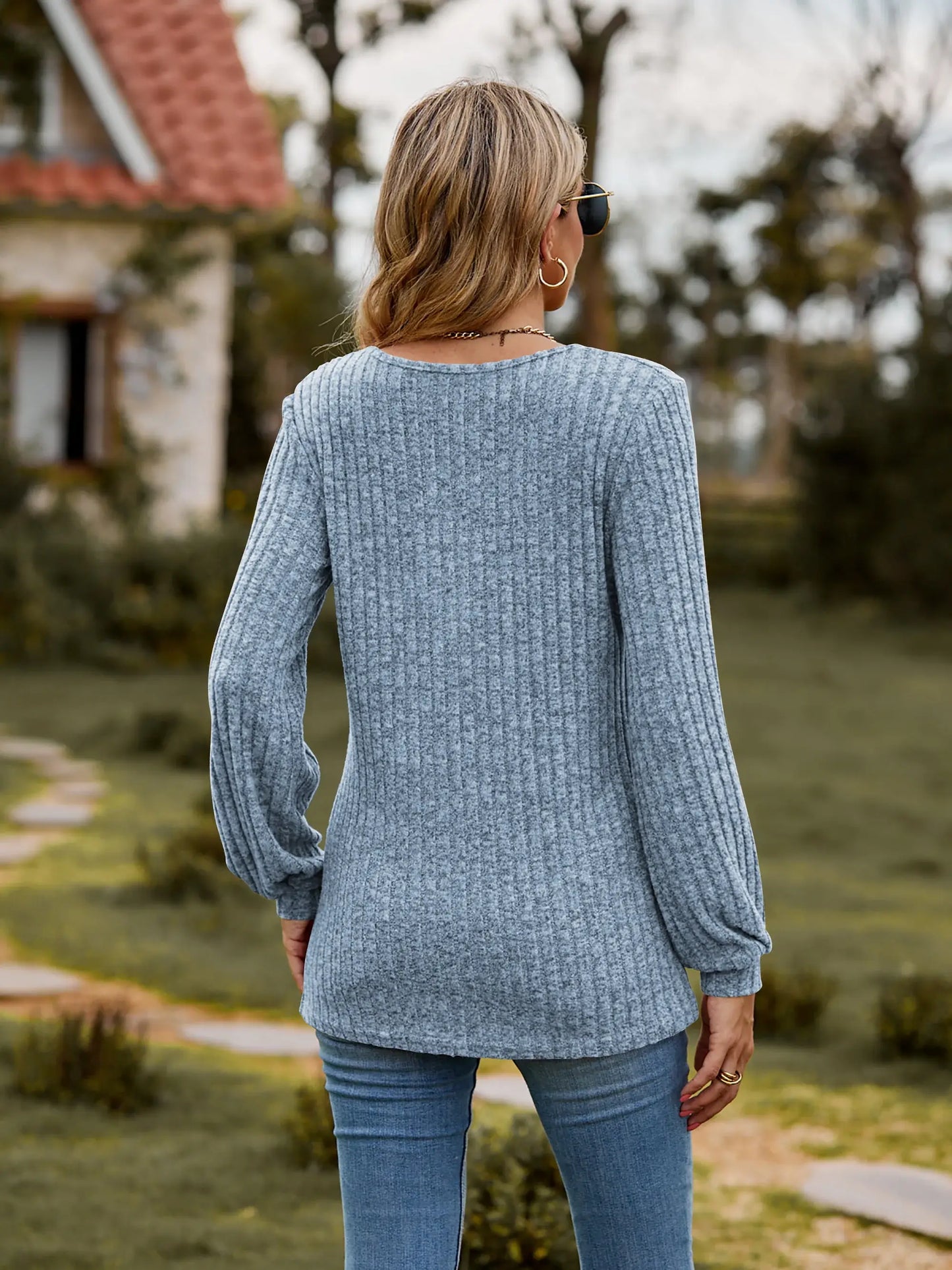 Round Neck Button-Down Long Sleeve Tee - Trendsi - Flyclothing LLC