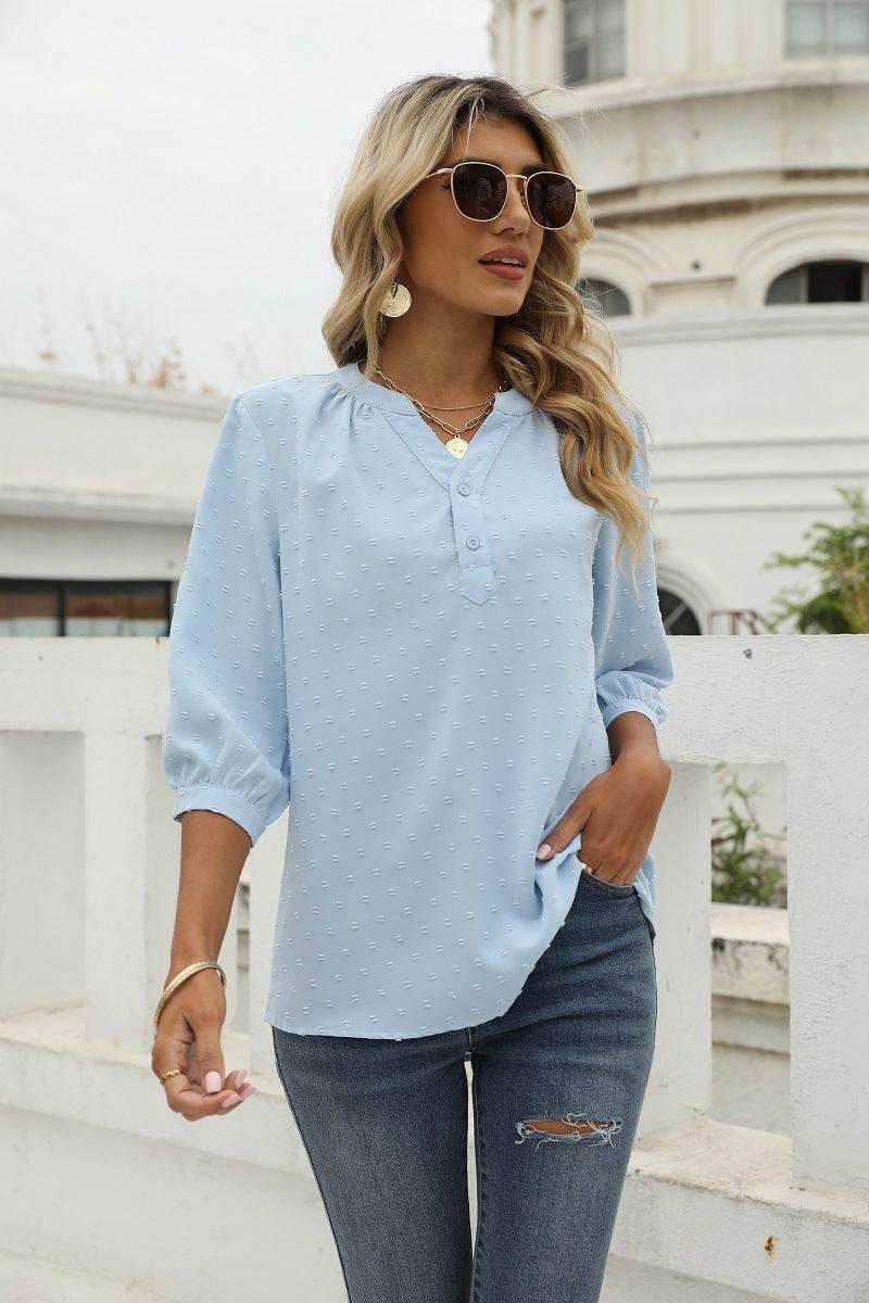 Swiss Dot Notched Neck Three-Quarter Sleeve Blouse - Trendsi - Flyclothing LLC