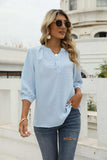 Swiss Dot Notched Neck Three-Quarter Sleeve Blouse - Trendsi - Flyclothing LLC