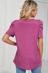 Heathered V-Neck Puff Sleeve T-Shirt - Trendsi - Flyclothing LLC