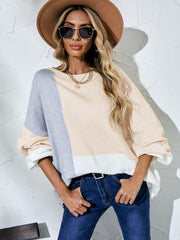 Color Block Balloon Sleeve Boat Neck Sweater - Trendsi