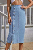 Button Fly Split Denim Skirt - Trendsi - Flyclothing LLC