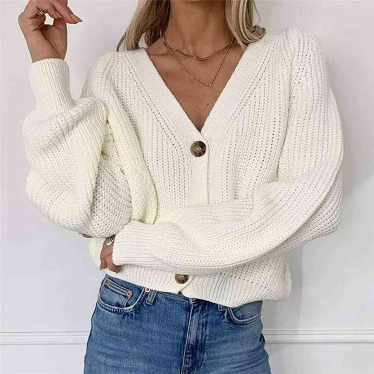 Button Up V-Neck Long Sleeve Cardigan - Trendsi