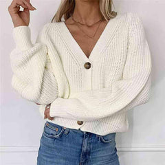 Button Up V-Neck Long Sleeve Cardigan - Trendsi