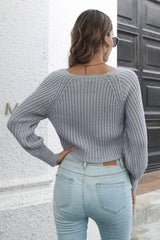 Cropped Round Neck Raglan Sleeve Ribbed Pullover Sweater - Trendsi