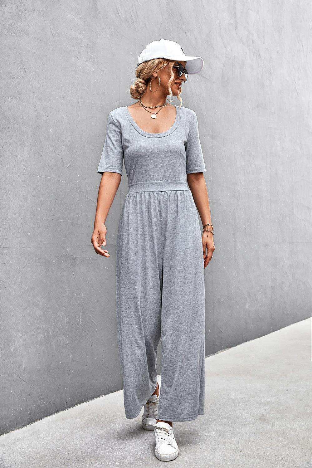 Scoop Neck Half Sleeve Wide Leg Jumpsuit - Trendsi - Flyclothing LLC