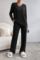 Ribbed V-Neck Top and Pants Lounge Set - Trendsi - Flyclothing LLC