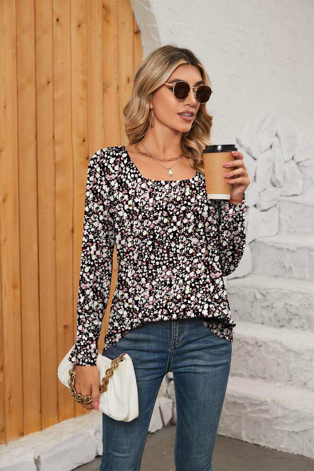 Printed Square Neck Long Sleeve Blouse - Trendsi - Flyclothing LLC