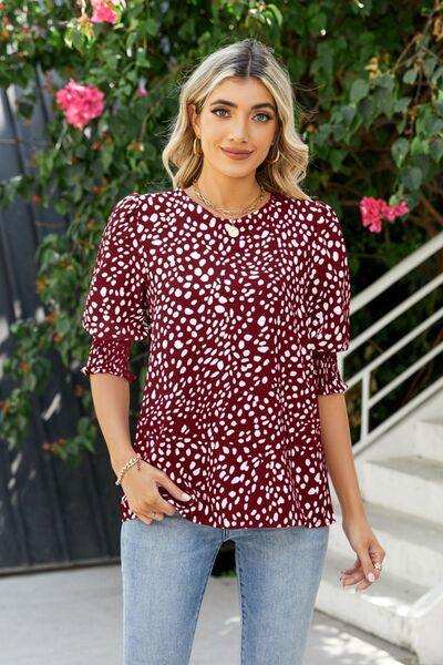 Polka Dot Round Neck Lantern Sleeve Blouse - Trendsi - Flyclothing LLC