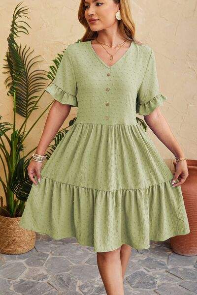 Swiss Dot Ruffled V-Neck Tiered Dress - Trendsi - Flyclothing LLC