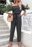 Off-Shoulder Tie Cuff Jumpsuit with Pockets - Trendsi - Flyclothing LLC