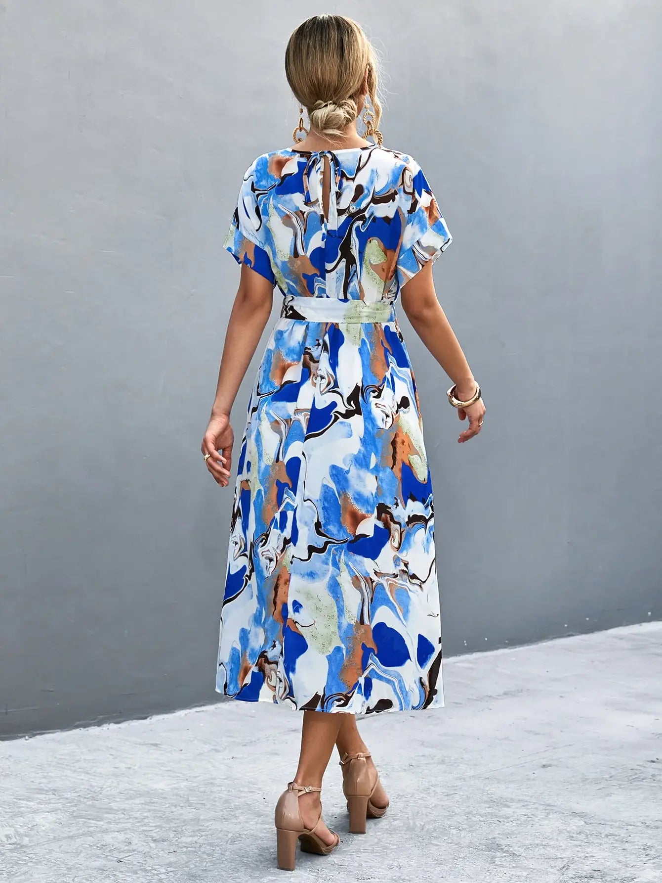 Round Neck Short Sleeve Tie Waist Midi Dress - Trendsi - Flyclothing LLC