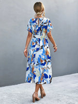 Round Neck Short Sleeve Tie Waist Midi Dress - Trendsi - Flyclothing LLC