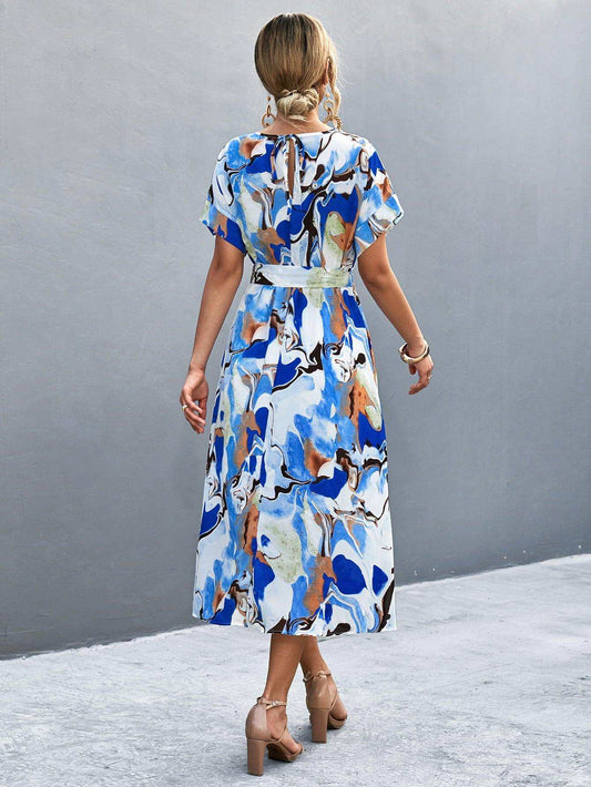 Round Neck Short Sleeve Tie Waist Midi Dress - Trendsi - Flyclothing LLC