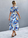 Round Neck Short Sleeve Tie Waist Midi Dress - Trendsi - Flyclothing LLC
