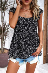 Printed Square Neck Cap Sleeve Blouse - Trendsi - Flyclothing LLC