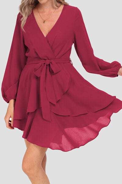 Tied Surplice Balloon Sleeve Layered Dress - Trendsi - Flyclothing LLC