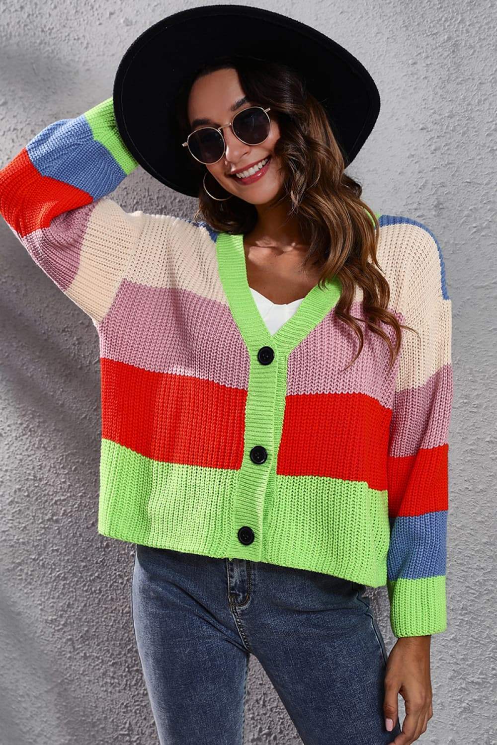 Color Block Button-Down Dropped Shoulder Cardigan - Trendsi - Flyclothing LLC