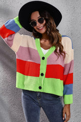 Color Block Button-Down Dropped Shoulder Cardigan - Trendsi