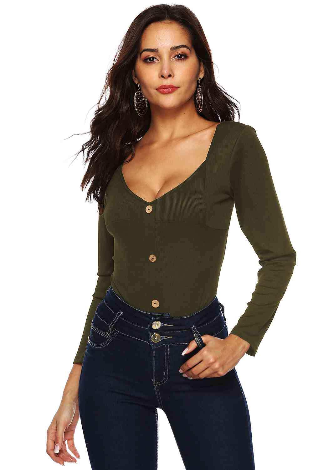 Button Detail Bodysuit - Trendsi - Flyclothing LLC
